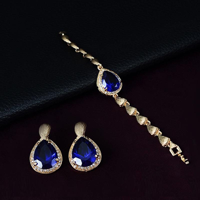 2 PCS Fashion Queen Drops-shape Alloy Gold Plated Earrings Bracelet Jewelry Set (Blue)