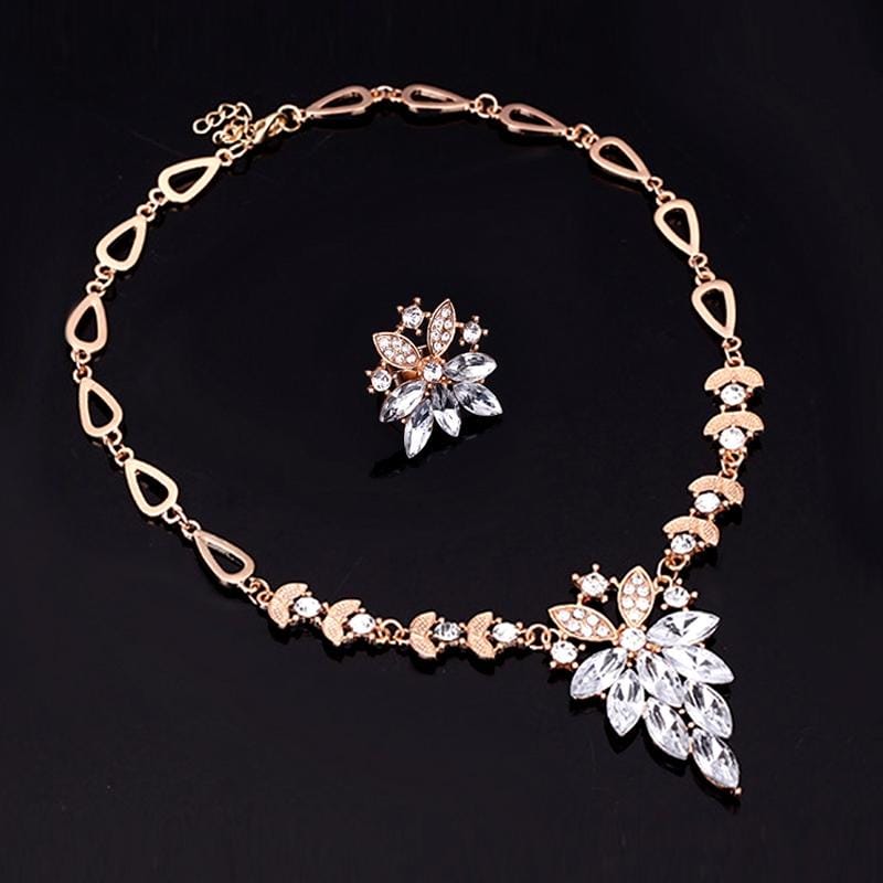 2 PCS Women Fashion Diamond-shape Leaves Flowers Necklaces Rings Jewelry Set (White)