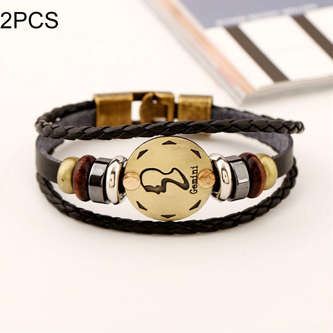 2 PCS Couple Lovers Jewelry Leather Braided Pisces Constellation Detail Hand Chain Bracelet, Size: 21*1.2cm (Style12)