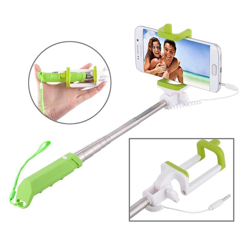 Portable Mini Wire Controlled Rainbow Selfie Stick Monopod Folding Extendable Pocket Handheld Holder for iOS & Android Phone, Folded Length: 15.5cm, Max Extension Length: 61.0cm (Green)