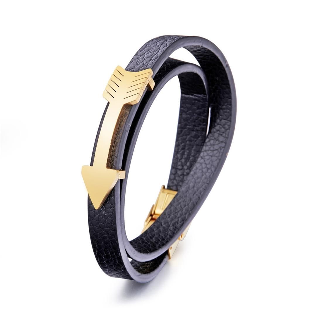 Mens Fashion Jewelry Punk Dual Row Snake Pattern Arrow Decor Wristband Leather Bracelet, Size: 40cm (Gold)