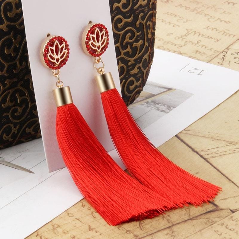 Bohemian Long Tassel Vintage Statement Drop Earrings for Women (Red)