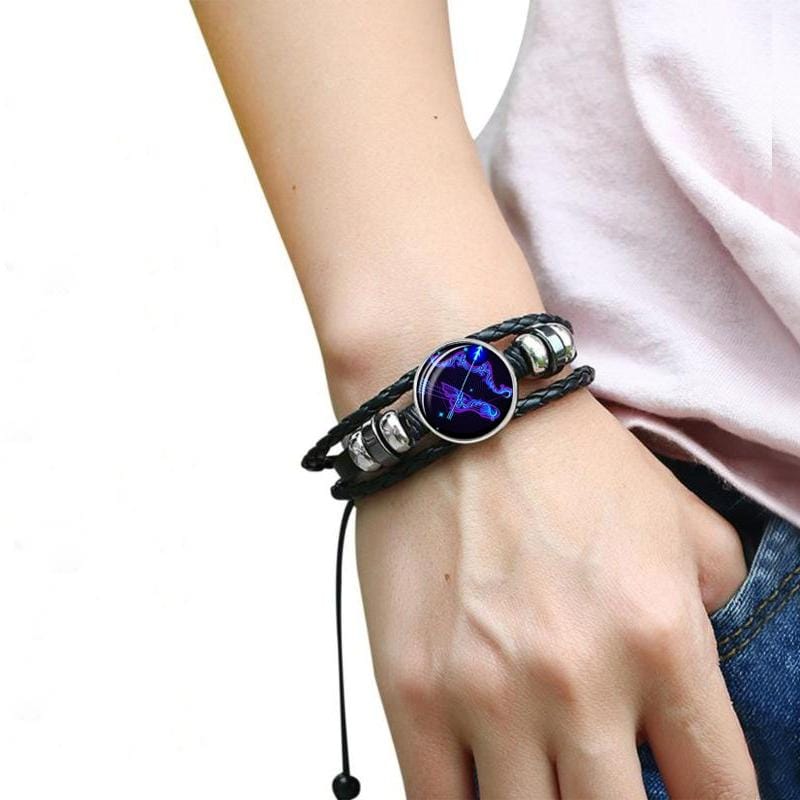 12 Constellation Black Braided Leather Glass Dome Punk Men Bracelet (Sagittarius)