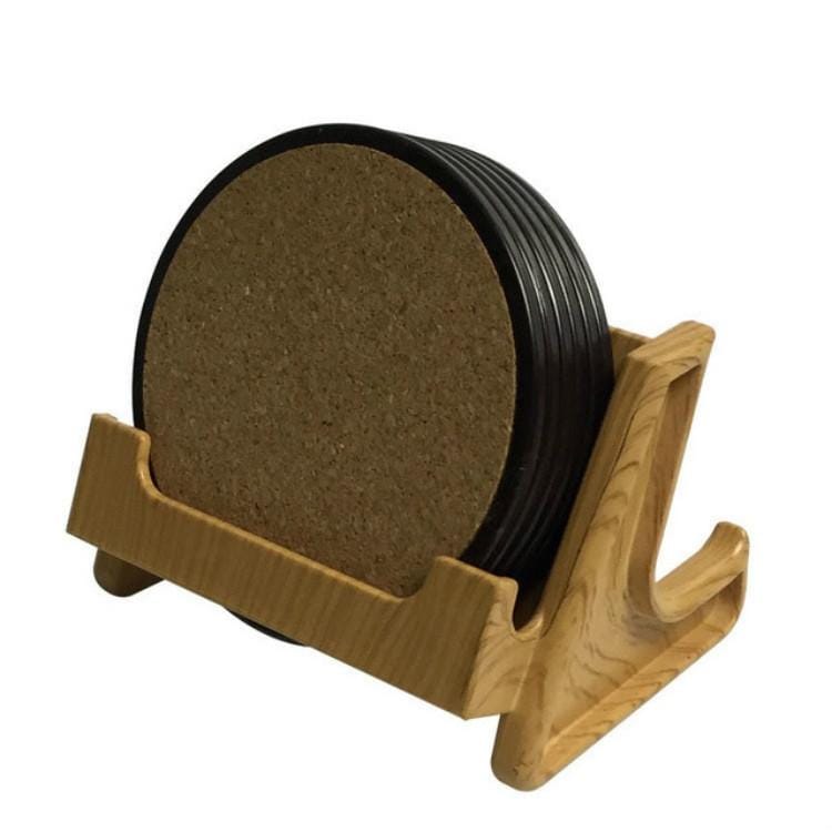 Home Daily Wood Round Cork Coaster PP Coaster Holder, Specification:6 Coasters + Shelf