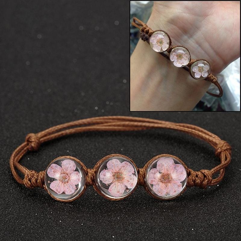 Lucky Handmade Woven Dried Flower Glass Beads Bracelets (Pink)