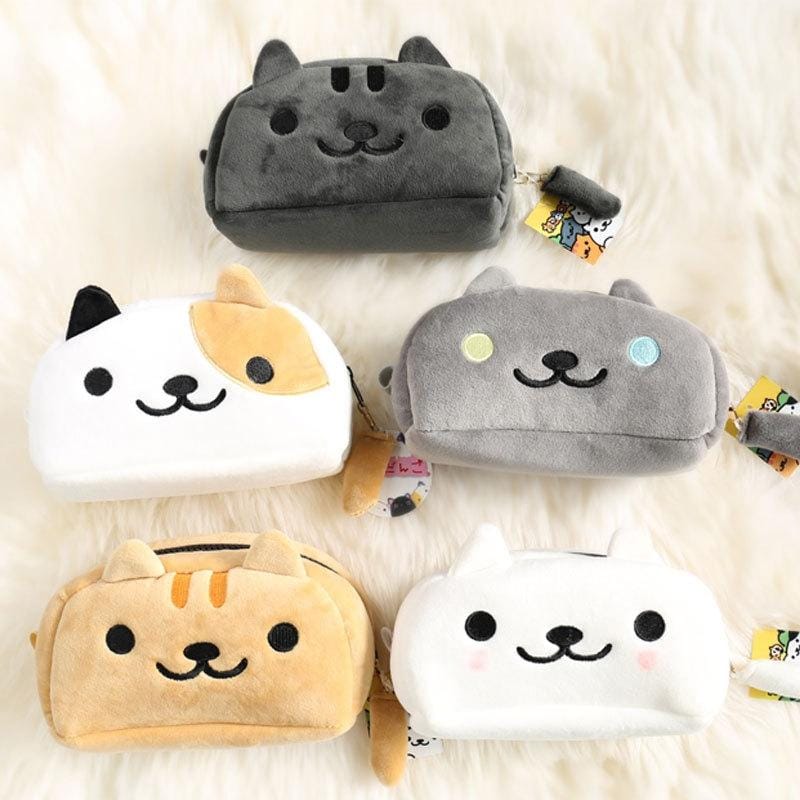 Cute Soft Short Plush Cat Makeup Bag Pen Bag Large Capacity Student Learning Pencil Case (White Cat)