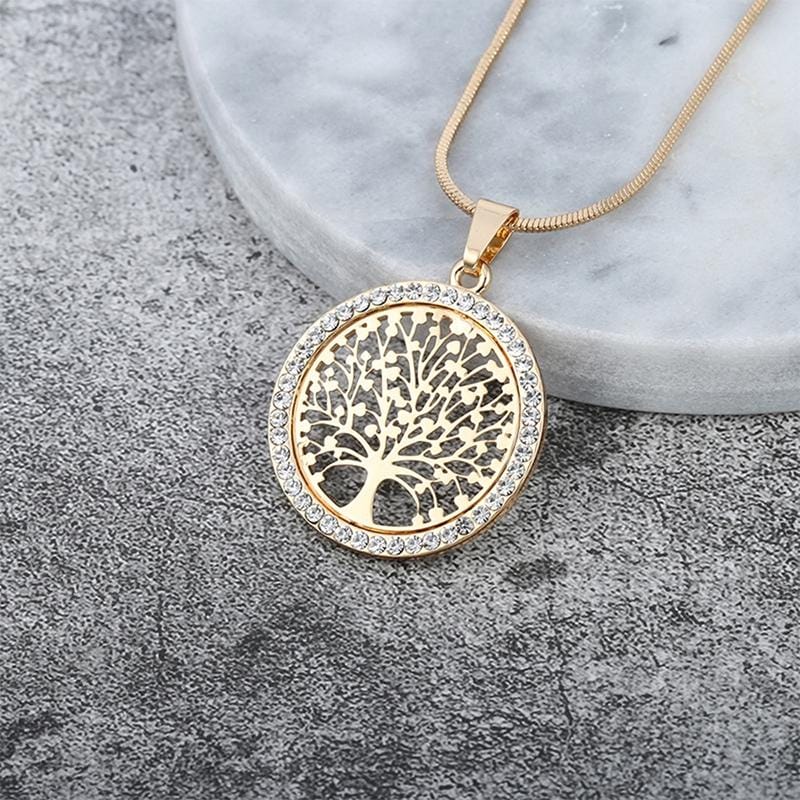 3 PCS  Tree of Life Crystal Round Small Pendant Necklace Elegant Women Jewelry Necklace (Gold)