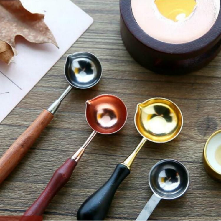 Wooden Handle Brass Seal Wax Spoon Tool Melting Sealing Wax Hand Account Stainless Steel Fire Paint Spoon, Color:Big with Black Handle