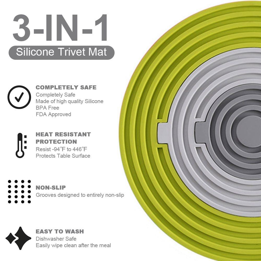 3 in 1 Silicone Trivet Mat Hot Pads Placemats Non-slip Heat - Green & Light Grey & Dark Grey