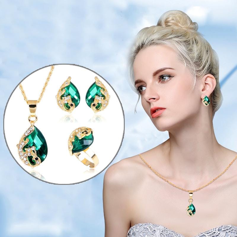 3 in 1 Women Beautiful Peacock Crystal-like Necklace Ring Earrings Jewelry Set (Green)