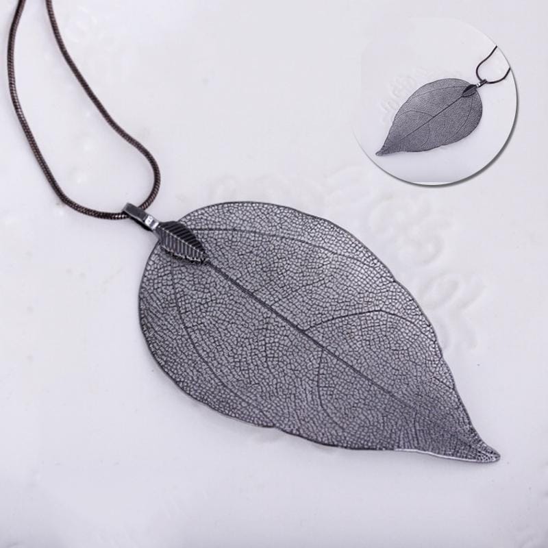 Natural Leaf Pendant Delicate Necklace Filigree Long Bohemian Unique Women Jewelry (Silver)