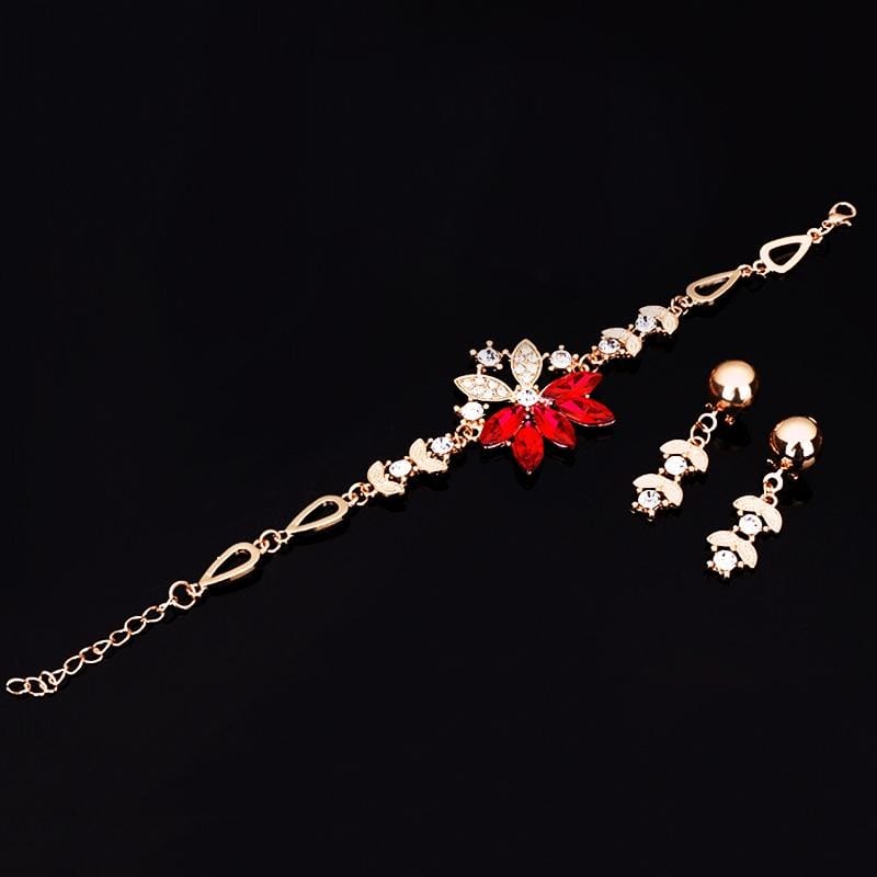 3 in 1  Set Women Fashion Diamond-shape Leaves Flowers Bracelets Earrings Jewelry (Red)