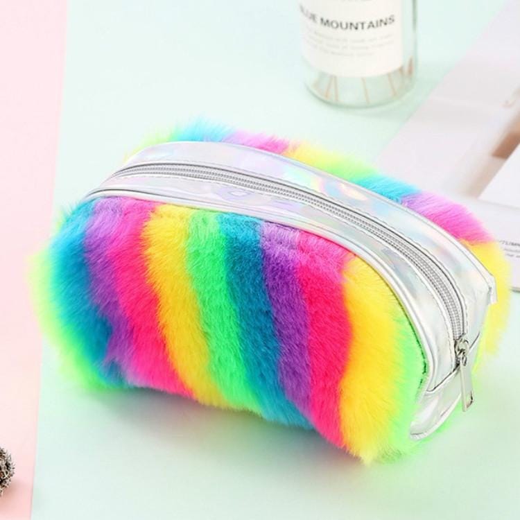 2 PCS Rainbow Color Plush Pencil Bag Student Large Capacity Stationery Storage Bag Ladies Makeup Clutch Bag (Rainbow Color)