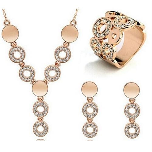 Fashion Crystal Women Circle Rhinestone Necklace Earrings Ring Set (Gold)