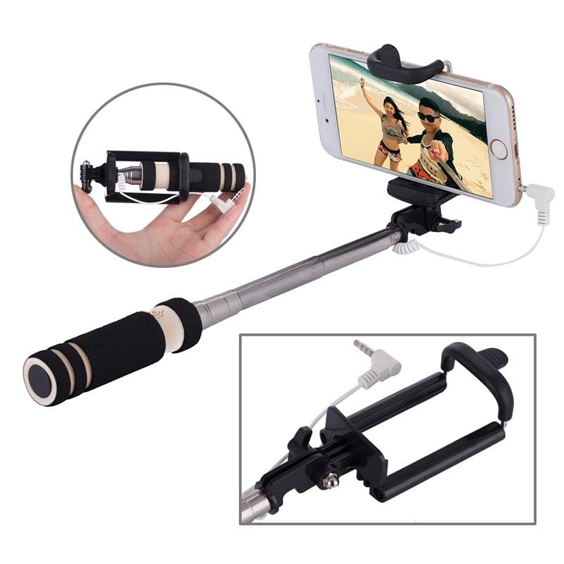 Mini Wire Controlled Selfie Stick Monopod Folding Extendable Pocket Handheld Holder for iOS & Android Phone, Folded Length: 18.5cm, Max Extension Length: 60.3cm (Black)