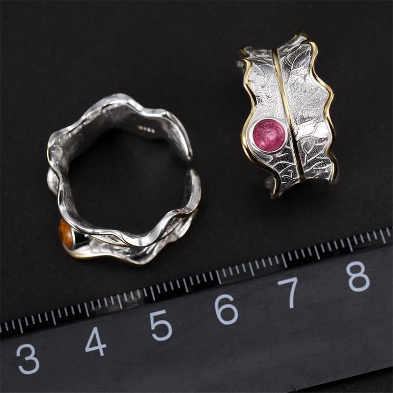 925 Sterling Silver Women Adjustable Creative Leaf-shaped Open Ring Jewelry (Red)
