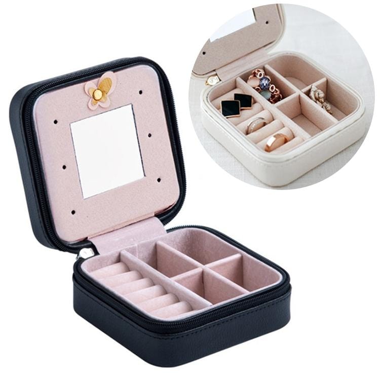 Macaron Small Jewelry Box Rings and Earrings Mirrored Travel Storage Case (Black)