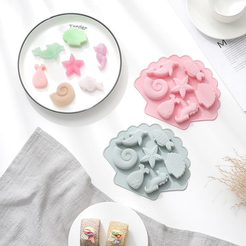 6 PCS 3D Creative Ocean Organism Shaped Silicone Cake Mold Baking Chocolate Ice Cube Mold (Blue)