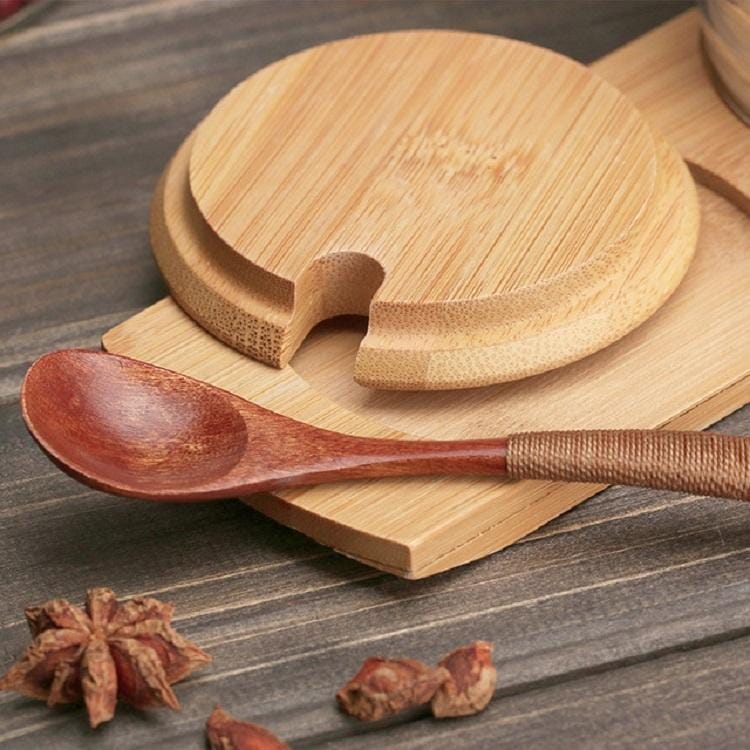3 in 1 Original Wood Bamboo Cover Glass Seasoning Jar Seasoning Box Set Creative Seasoning Bottle