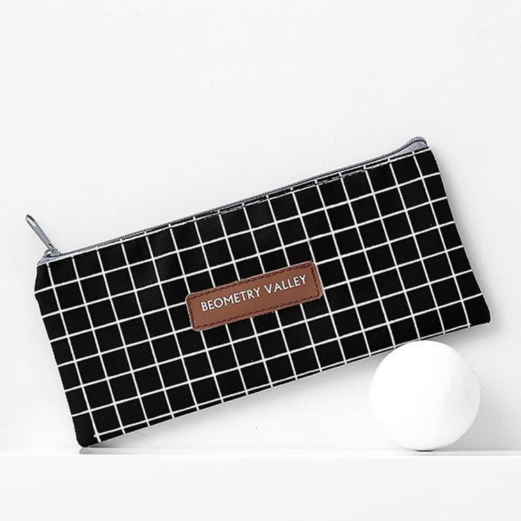 Cute Simple Striped Grid Geometry Canvas Pencil Case Pen Bag Box Stationery Pouch School Supplies (Black Lattice)