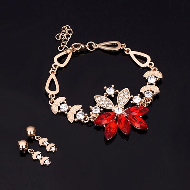 3 in 1  Set Women Fashion Diamond-shape Leaves Flowers Bracelets Earrings Jewelry (Red)