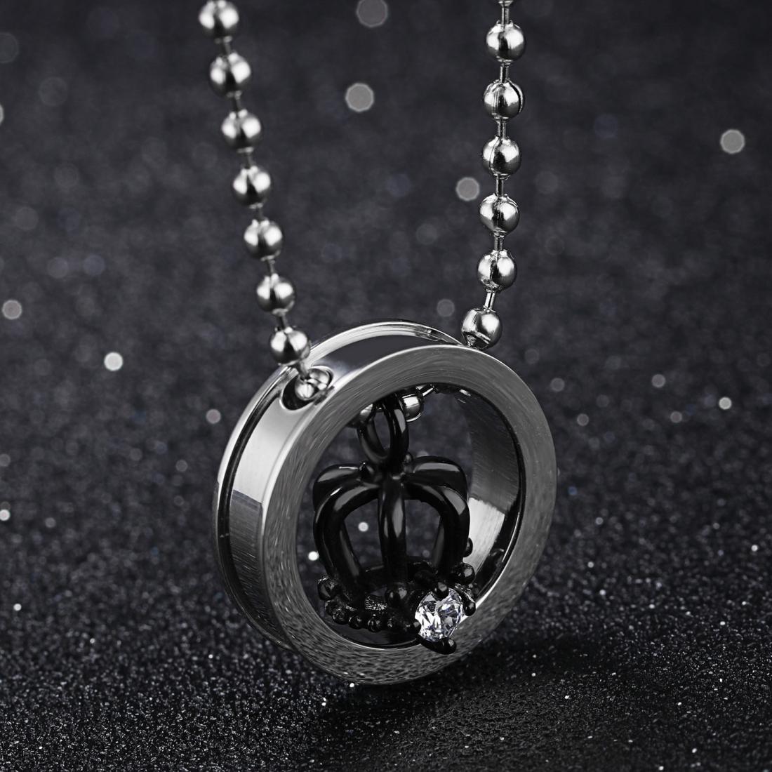 OPK Crown Rhinestone Titanium Steel Couple Necklace, Pendant + Chain (Black)