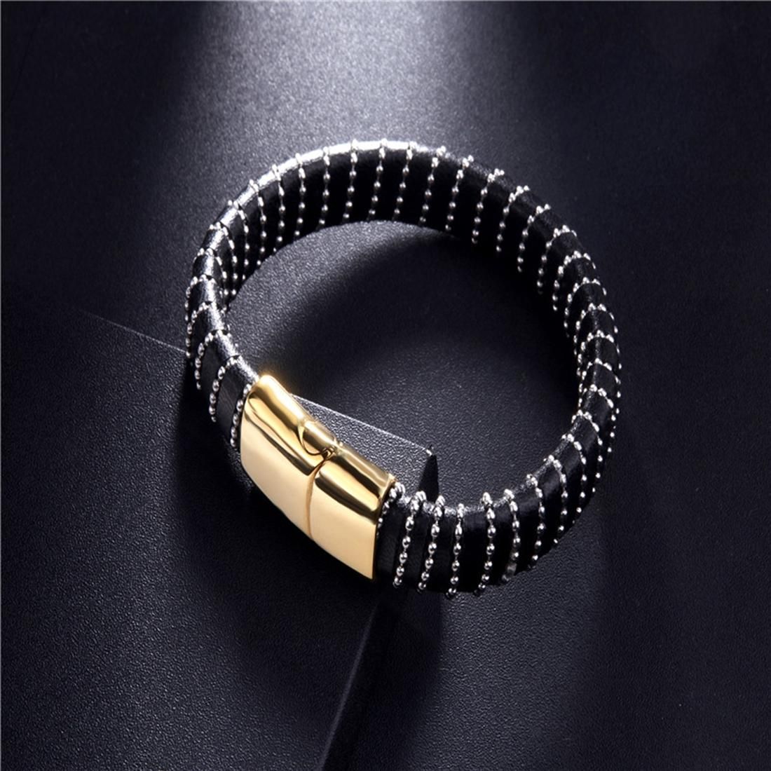 Mens Fashion Jewelry Punk Retro Beaded Detail Wristband Leather Bracelet, Size: 21.5cm (Gold)