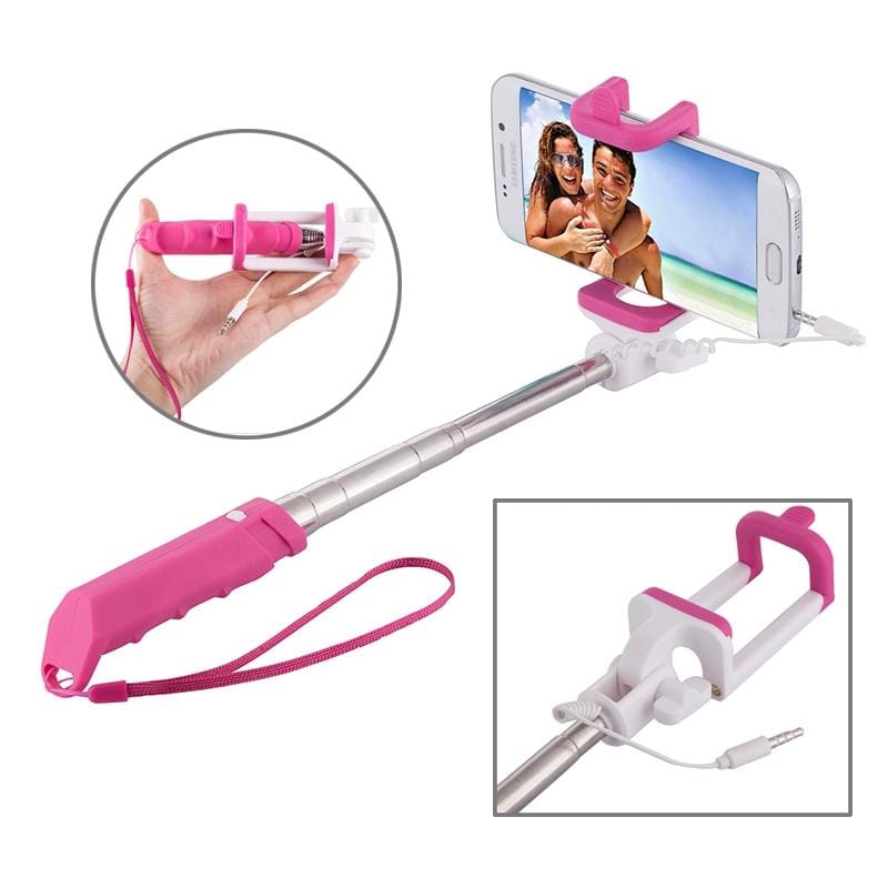 Portable Mini Wire Controlled Rainbow Selfie Stick Monopod Folding Extendable Pocket Handheld Holder for iOS & Android Phone, Folded Length: 15.5cm, Max Extension Length: 61.0cm (Magenta)