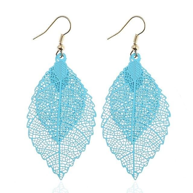 Double-layered Leaves Tassel Earrings Simple Retro Metal Leaf-ears Ornaments (Blue)