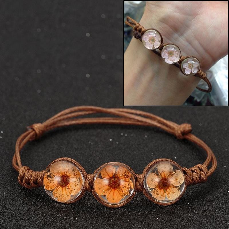 Lucky Handmade Woven Dried Flower Glass Beads Bracelets (Orange)