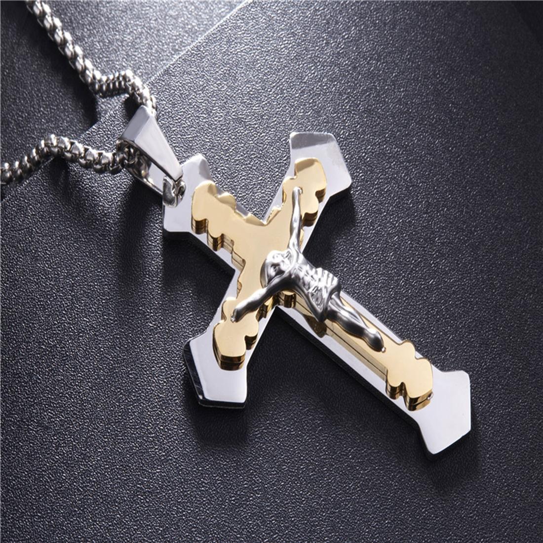 Men Fashion Jewelry Jesus Cross Style Necklace Stainless Steel Pendant, Size: 7.5*4.6cm (Gold)