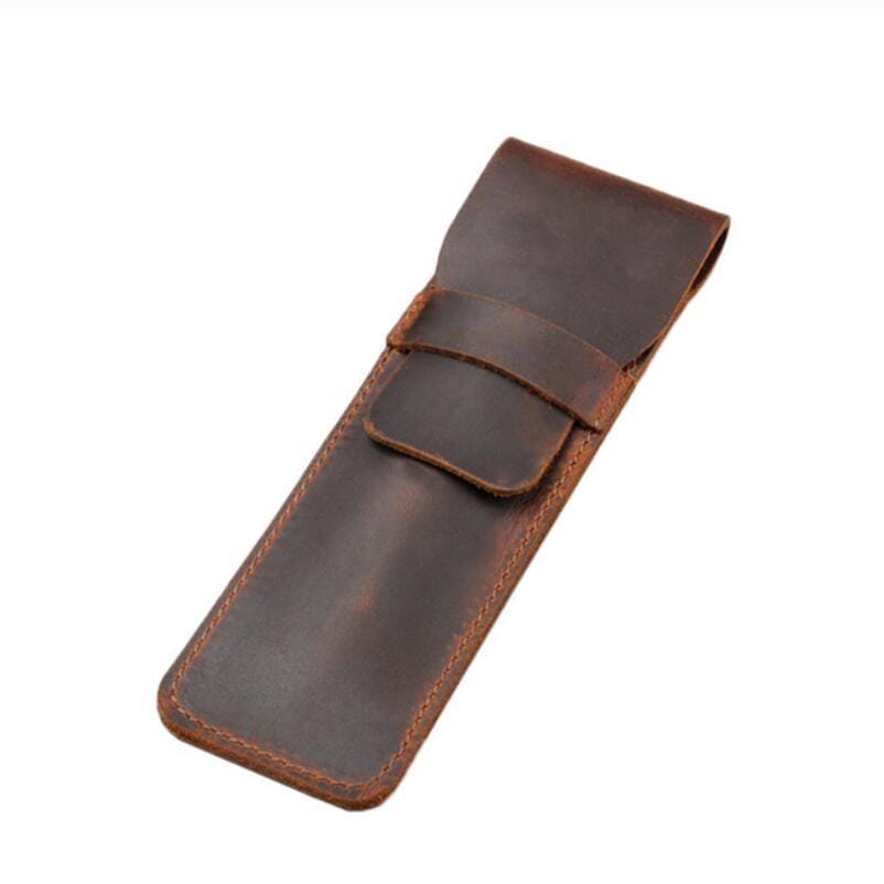 Leather Pen Bag Personality Retro Hand-made Crazy Horse Head Layer Leather Pen Cover, Size:S (Coffee)