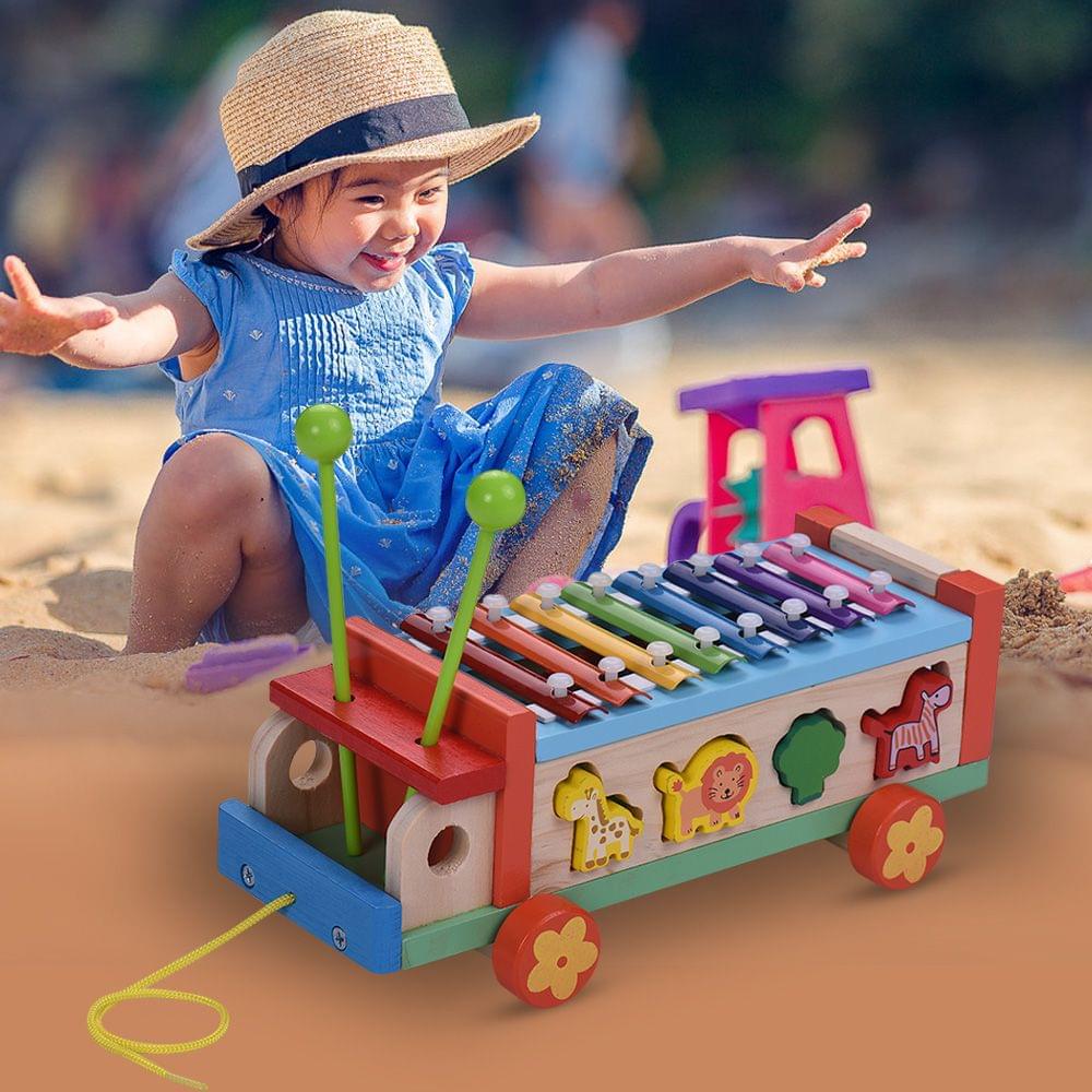 Multifunctional Wooden Toy Car with 8 Notes Xylophone