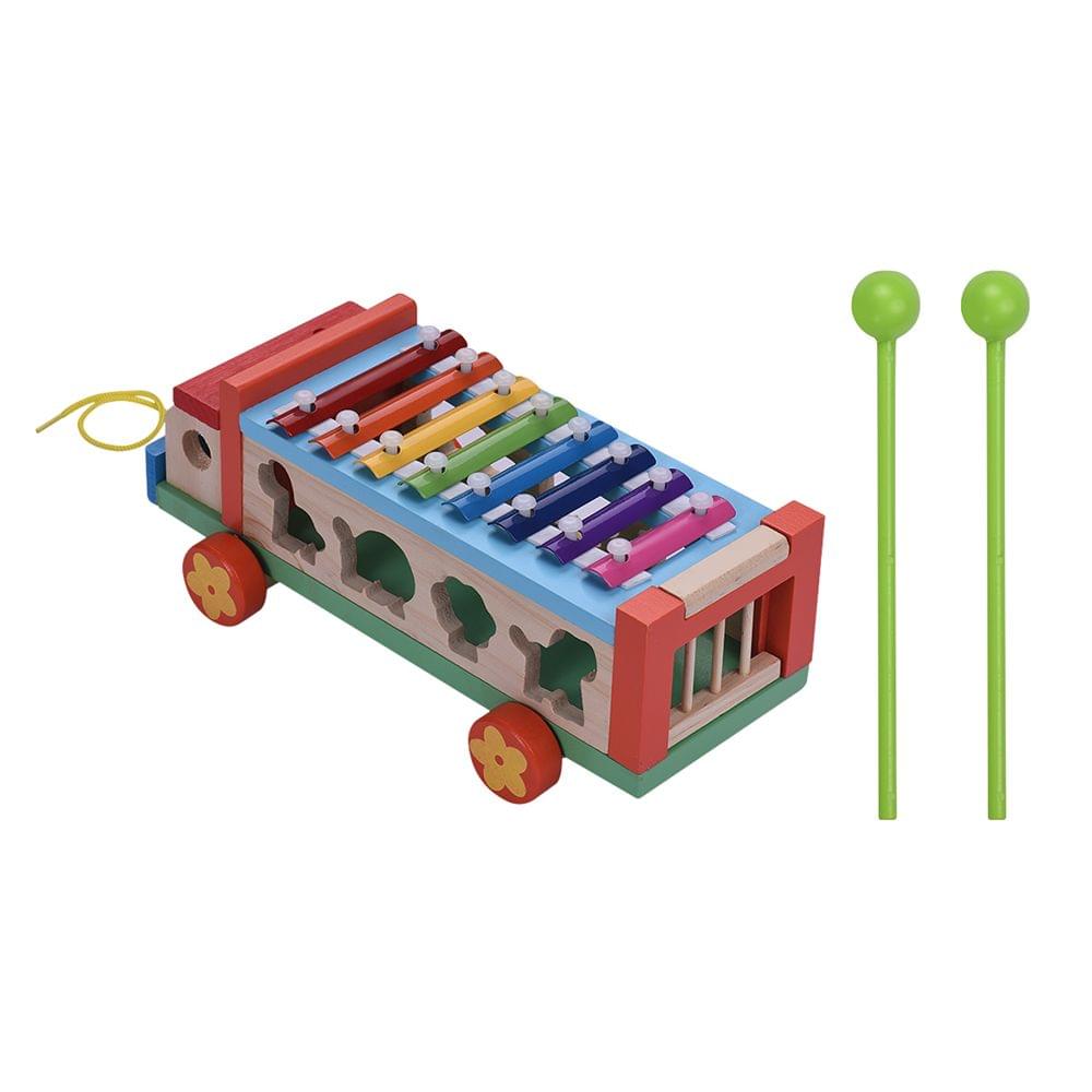 Multifunctional Wooden Toy Car with 8 Notes Xylophone