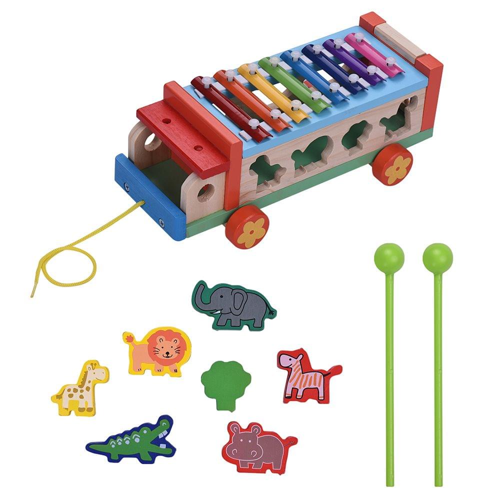 Multifunctional Wooden Toy Car with 8 Notes Xylophone