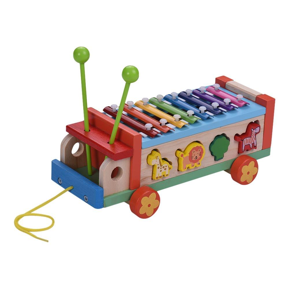 Multifunctional Wooden Toy Car with 8 Notes Xylophone