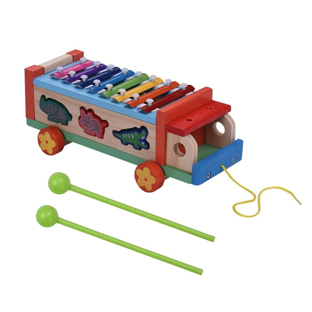 Multifunctional Wooden Toy Car with 8 Notes Xylophone