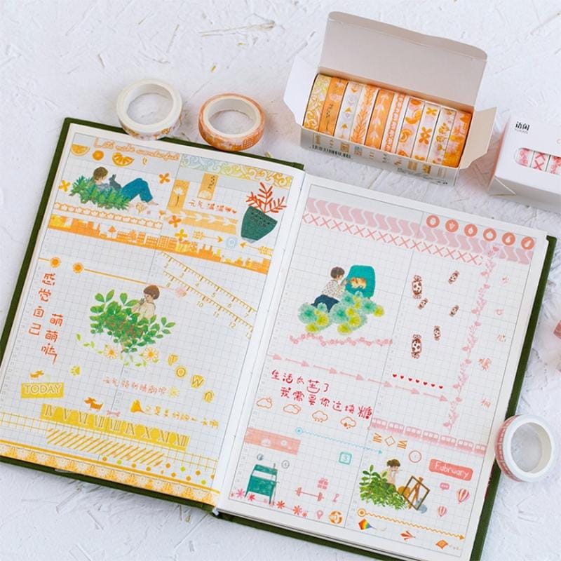 10 PCS  Mohamm Leaves Foil Grid Floral Cute Masking Washi Tape Set (Orange)