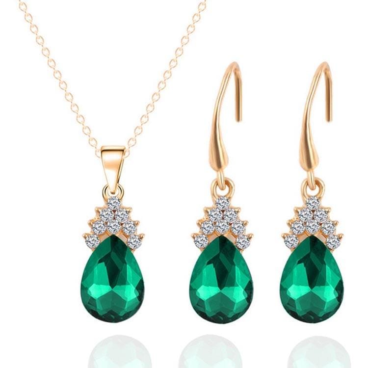 Fashion Diamond Ladies Crystal Zircon Drop Necklace Earring Set (Green)