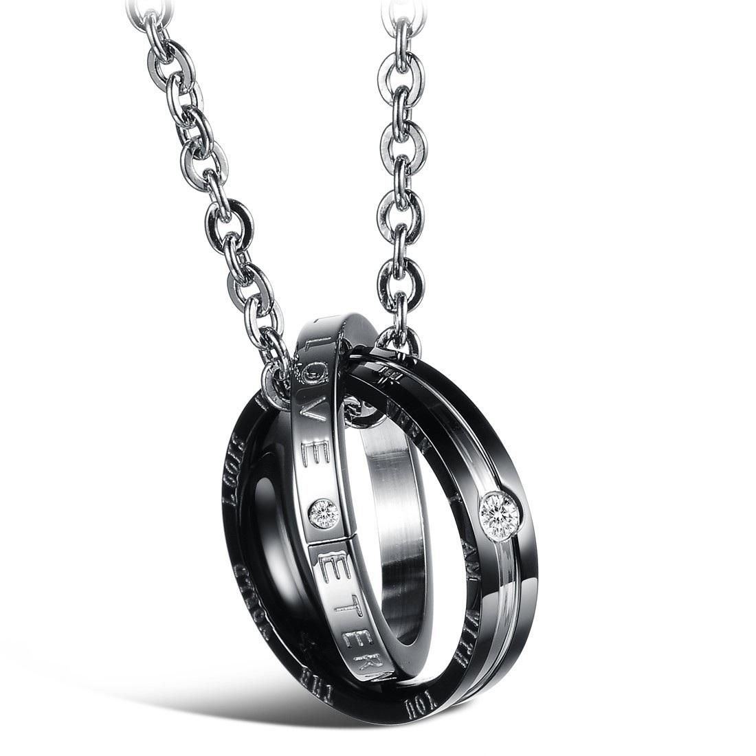 OPK Circle Pendant Rhinestone Titanium Steel Couple Necklace with Chain (Black)