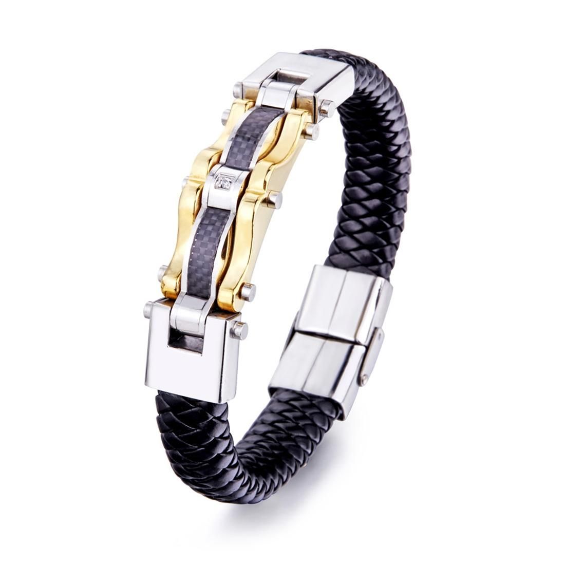 Mens Fashion Jewelry Hip-hop Punk Titanium Steel Wristband Weave Leather Bracelet, Size: 21.5cm (Gold)