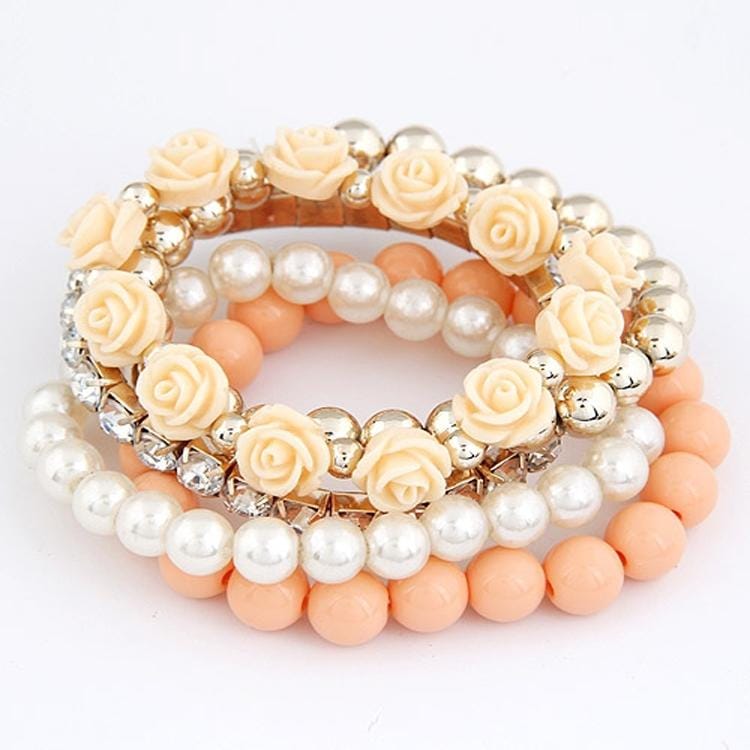 Bohemian Fashion Candy Color Pearl Rose Flower Multilayer Beads Stretch Charm Bracelet (orange)