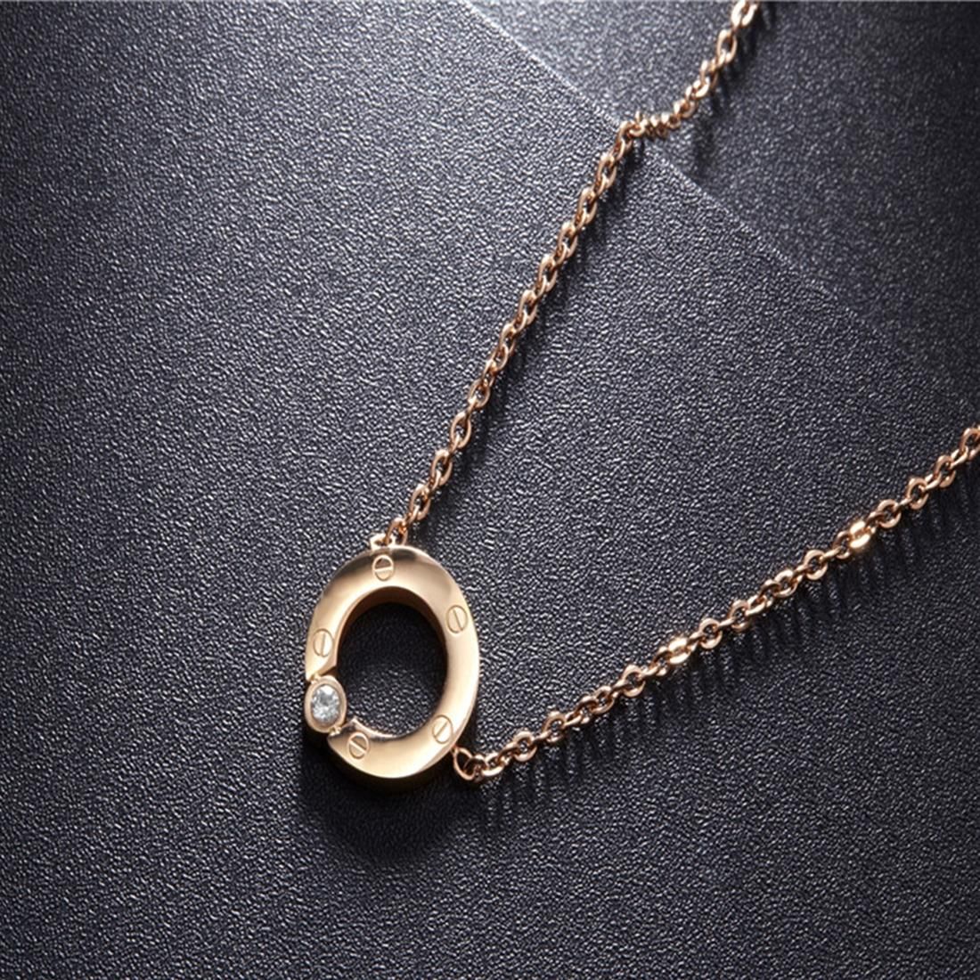 Women Fashion Jewelry Crystal Inlaid Circle Pendant Titanium Steel Chain Necklace, Chain Length: 45cm (Rose Gold)