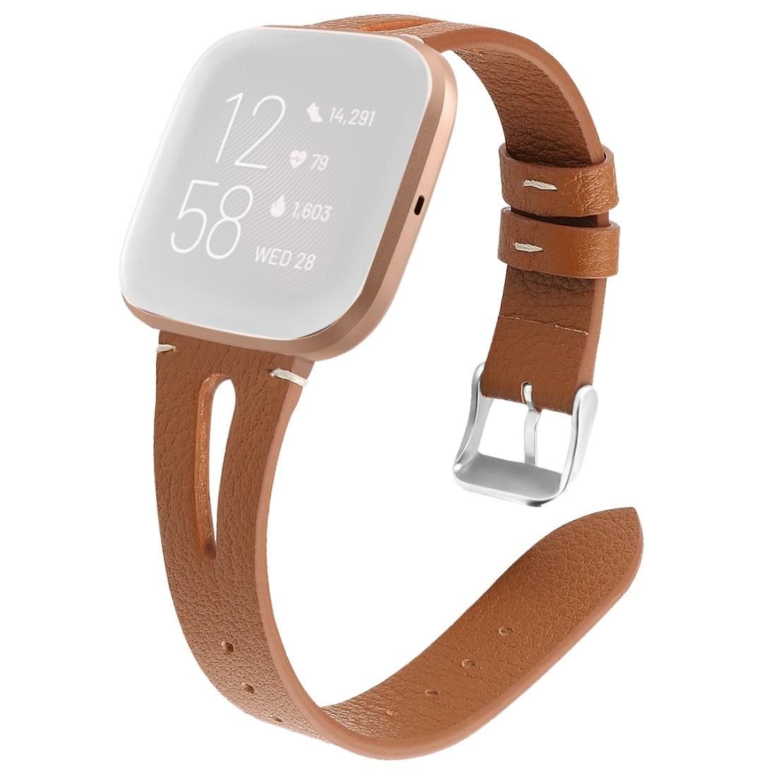 For Fitbit Versa 2 Leather Middle Opening Watch Strap (Brown)