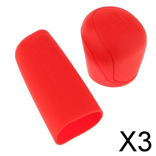3x2Pcs Car Trunk Gear Head Shift Knob + Handbrake Cover Silicone Sleeve Red