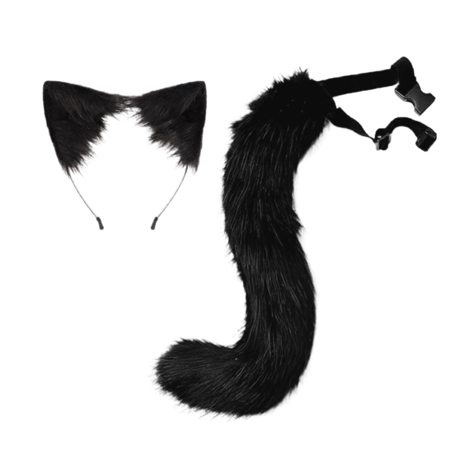 2Pcs Faux Fur Long Tail Gothic Fox Ears Hair Hoop for Cosplay Costume Kits Black