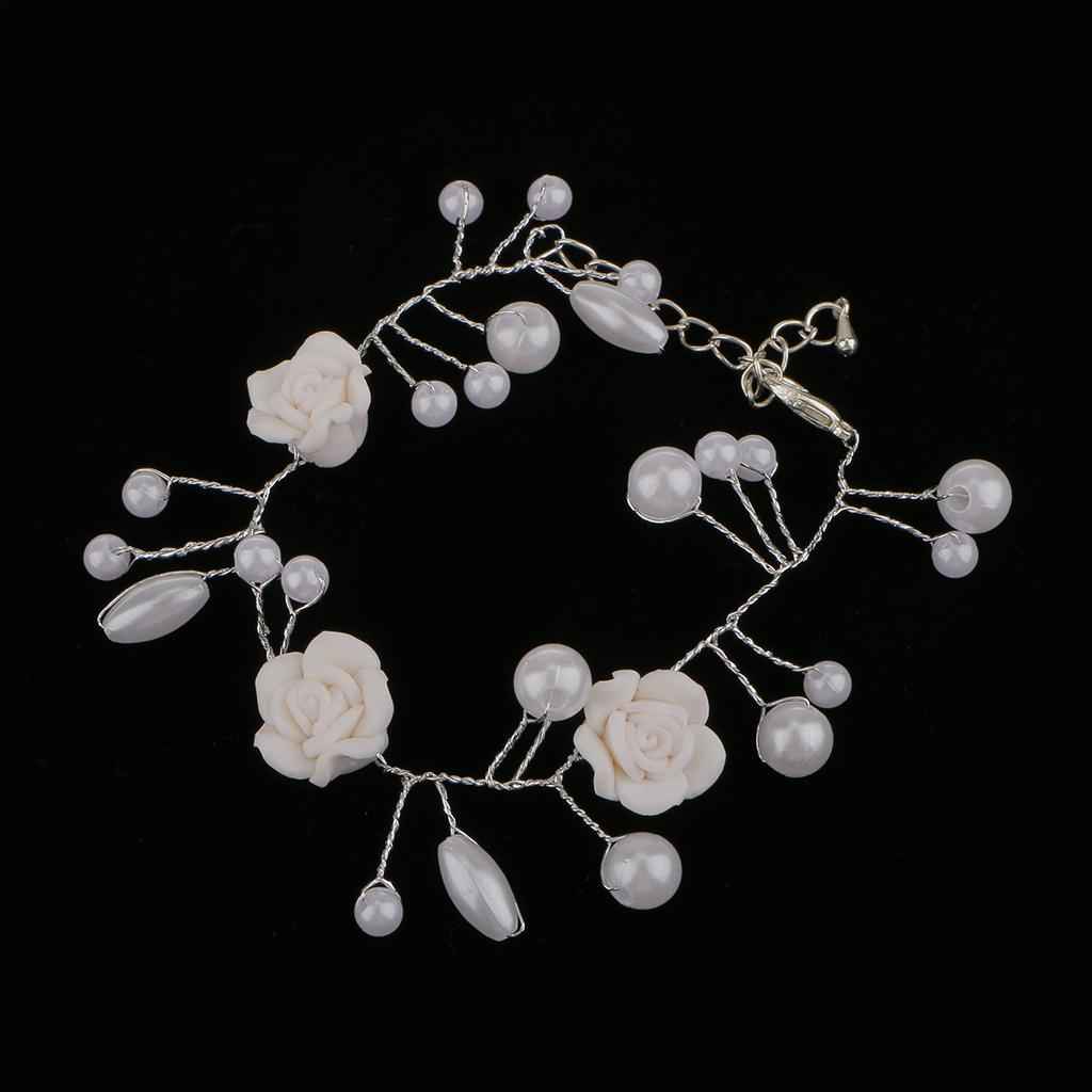 Wedding Bridal Dangle Pearls Beaded Rose Flower Bracelet Jewelry Gifts