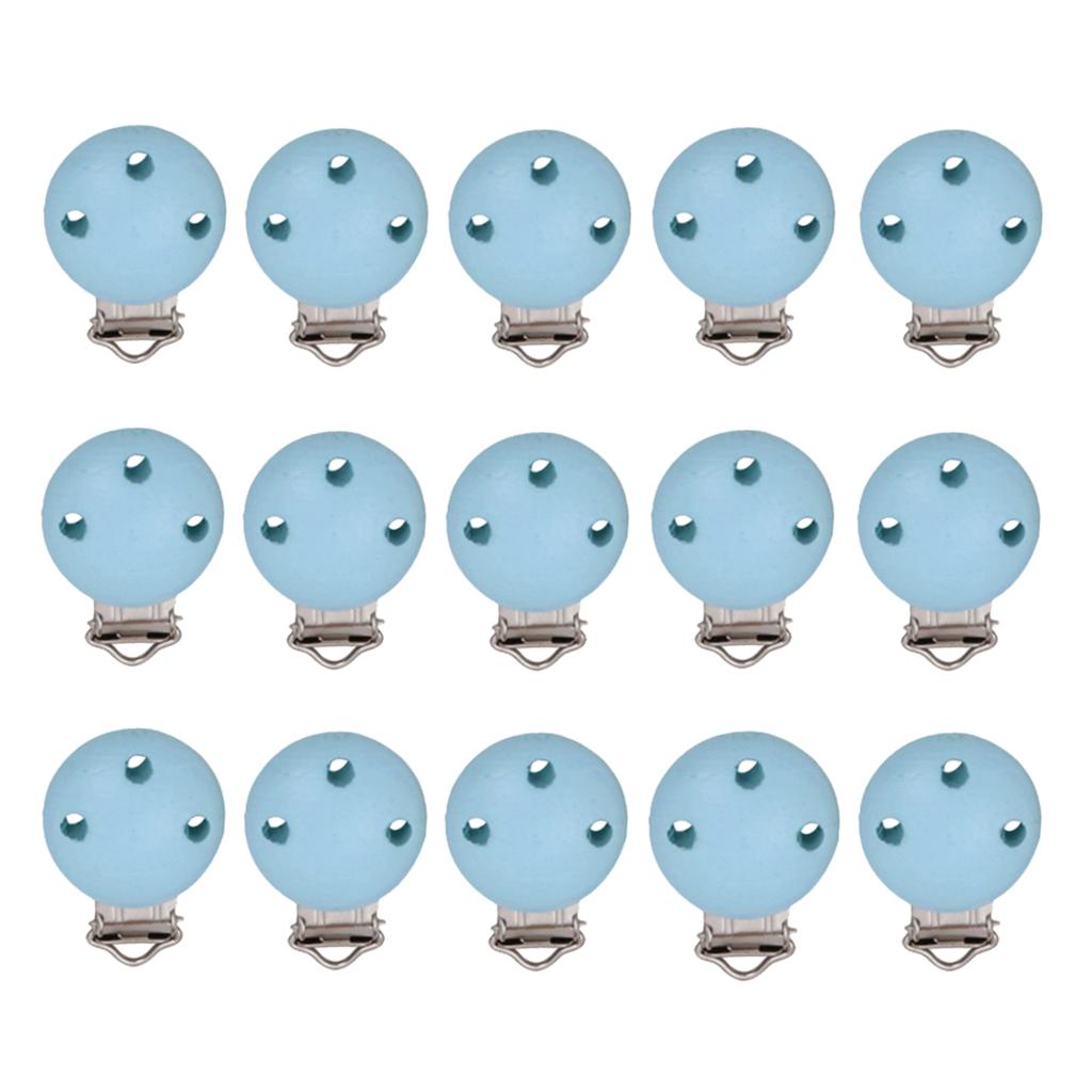 15pcs Round Holes Wooden Dummy Pacifier Clip for Infant Baby Blue