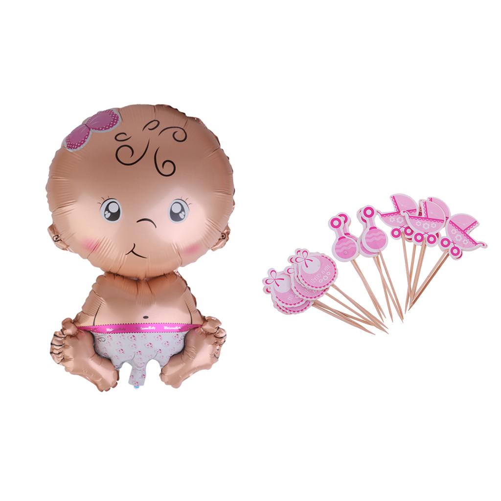 19 Pieces Baby Carriage Bib Rattle Cupcake Topper Baby Girl Foil Balloon Set