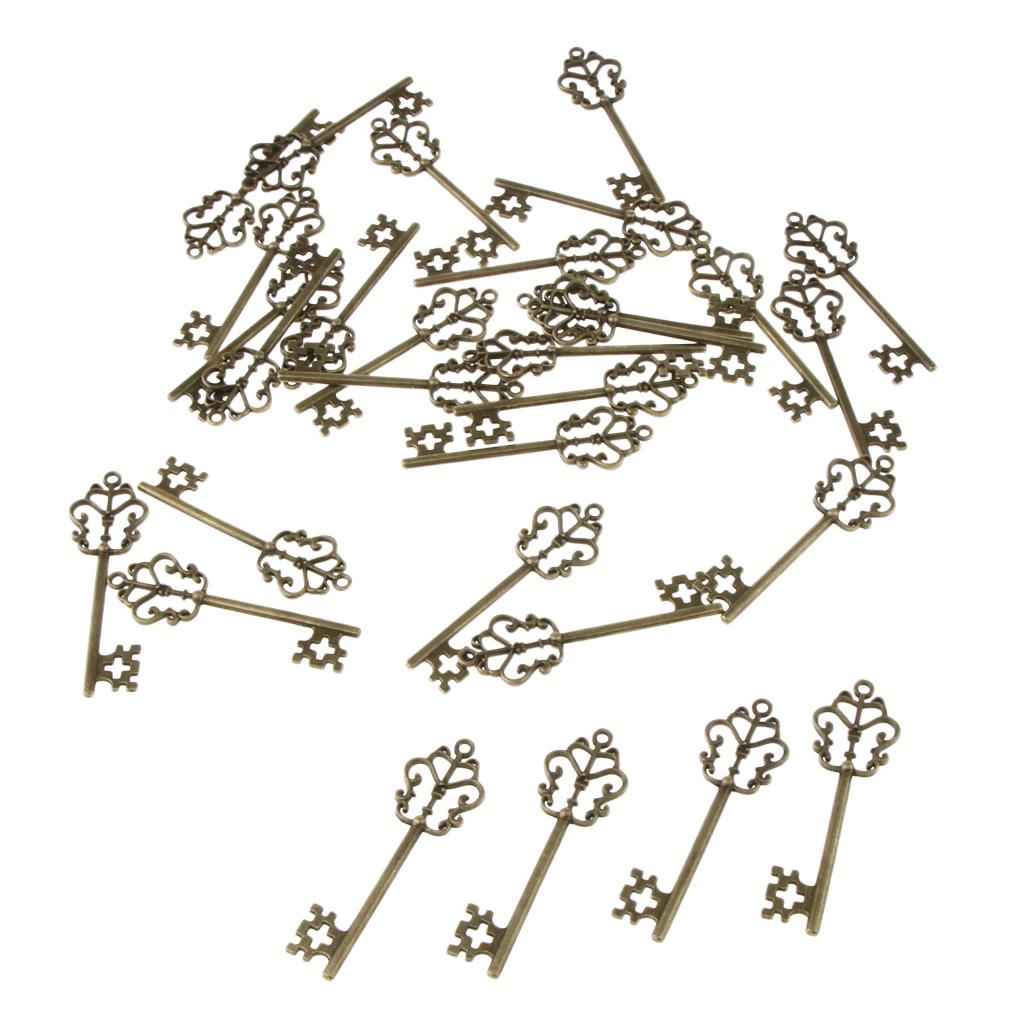 30 Pieces Vintage Key Hollow Charm Pendant Jewelry DIY Making Antique Brass